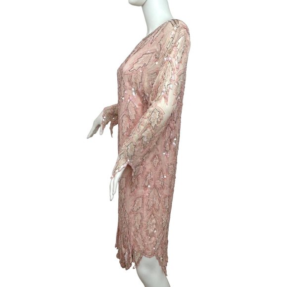 Chanson D’Amour Silk sequins Beaded Dress XL Midi Pink Peach Vintage Long Sleeve - Picture 3 of 16